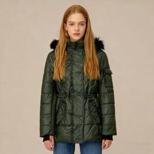 NWT Michael Kors Quilted Women Long Puffer Coat w/ Fur Hoodie Olive Size 1X